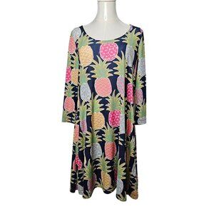 Simply Southern Small Pineapple Dress Navy Stretch Knit Sharkbite Hem Tropical